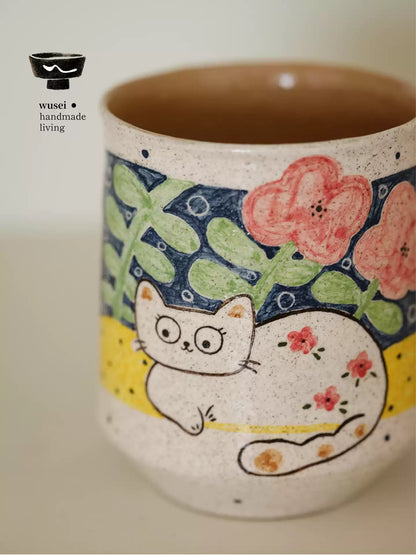 Hand-Painted Storybook Cat Mug | Ceramic Breakfast Cup