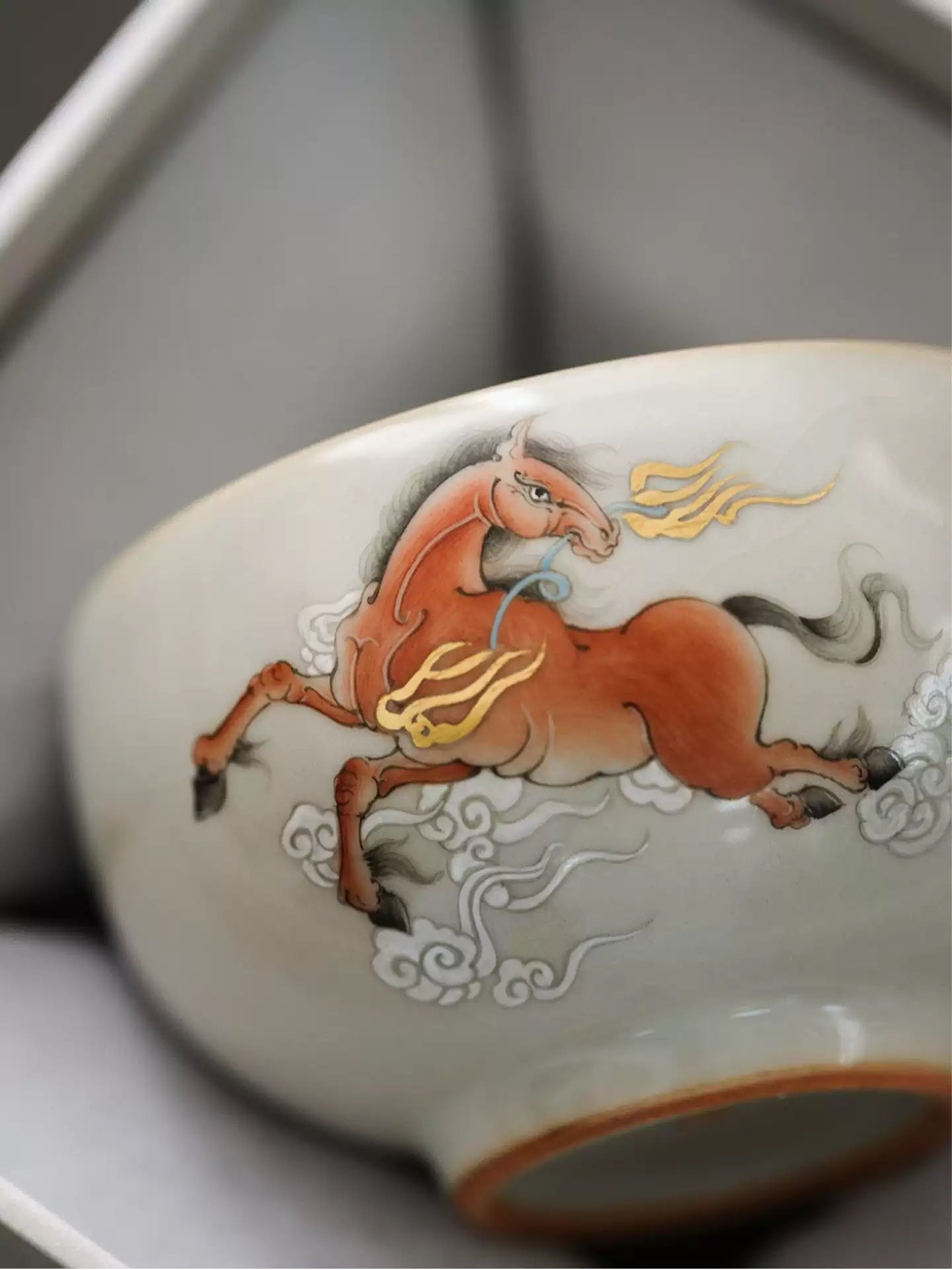 Hand-Painted Sky-Blue Ruyao Cup with Horse Motif