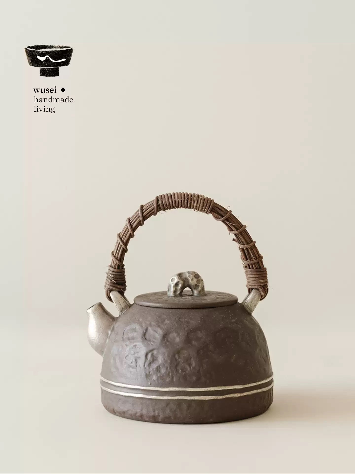 Taihu Stone Handle Teapot & Charcoal Stove Set, Aged Rock Clay with Silver & Powder Glaze