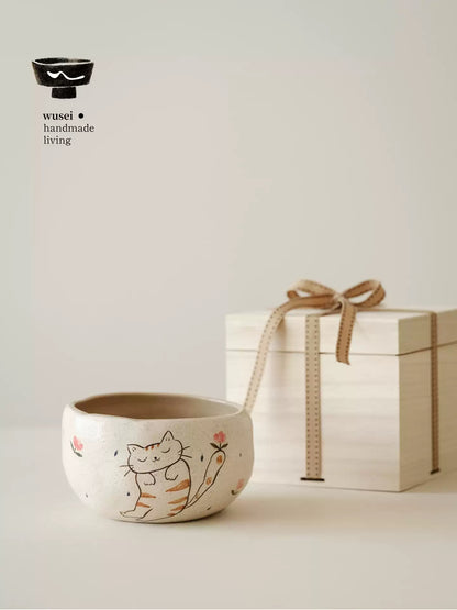 Hand-Painted Ceramic Cat Bowl for Rice, Noodles & Matcha