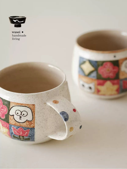 Checkered Ceramic Mug with Hand-Painted Cats