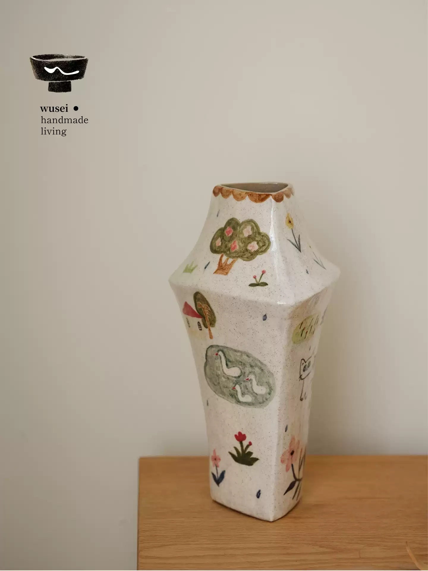 Hand-Painted Ceramic Triangle Vase with Storybook Cat Scene
