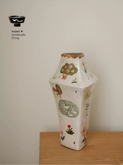 Hand-Painted Ceramic Triangle Vase with Storybook Cat Scene