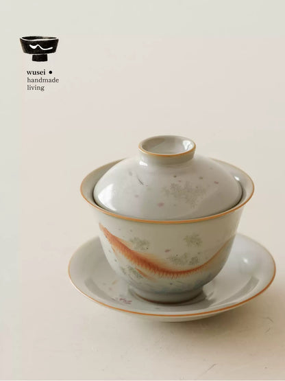 Hand-Painted Sky-Blue Ru Kiln Gaiwan with Fish Motif