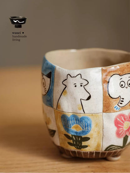 Hand-Painted Animal Mug - Colorful Plaid Stoneware