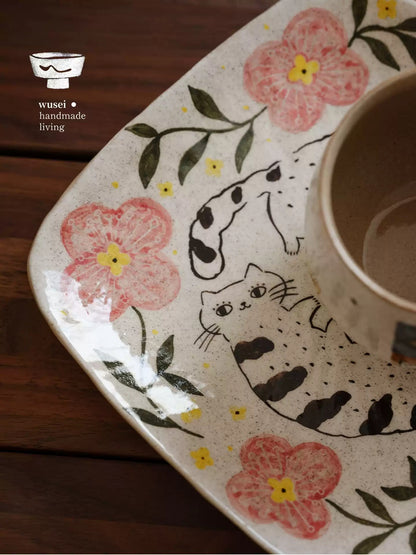 Vintage Hand-Painted Ceramic Cat & Floral Square Tray