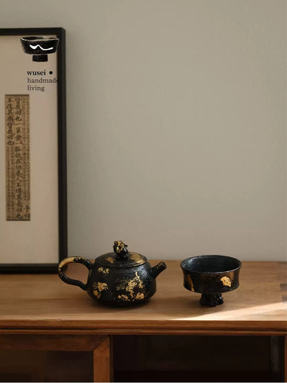 Lacquered Wabi-Sabi Gold-Leaf Stem Cup with Scholar Stone Base