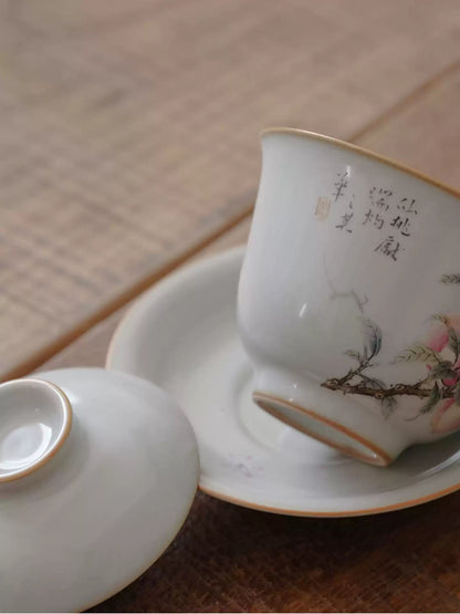 Sky-Blue Ru Ware Gaiwan with Hand-Painted Peach Design