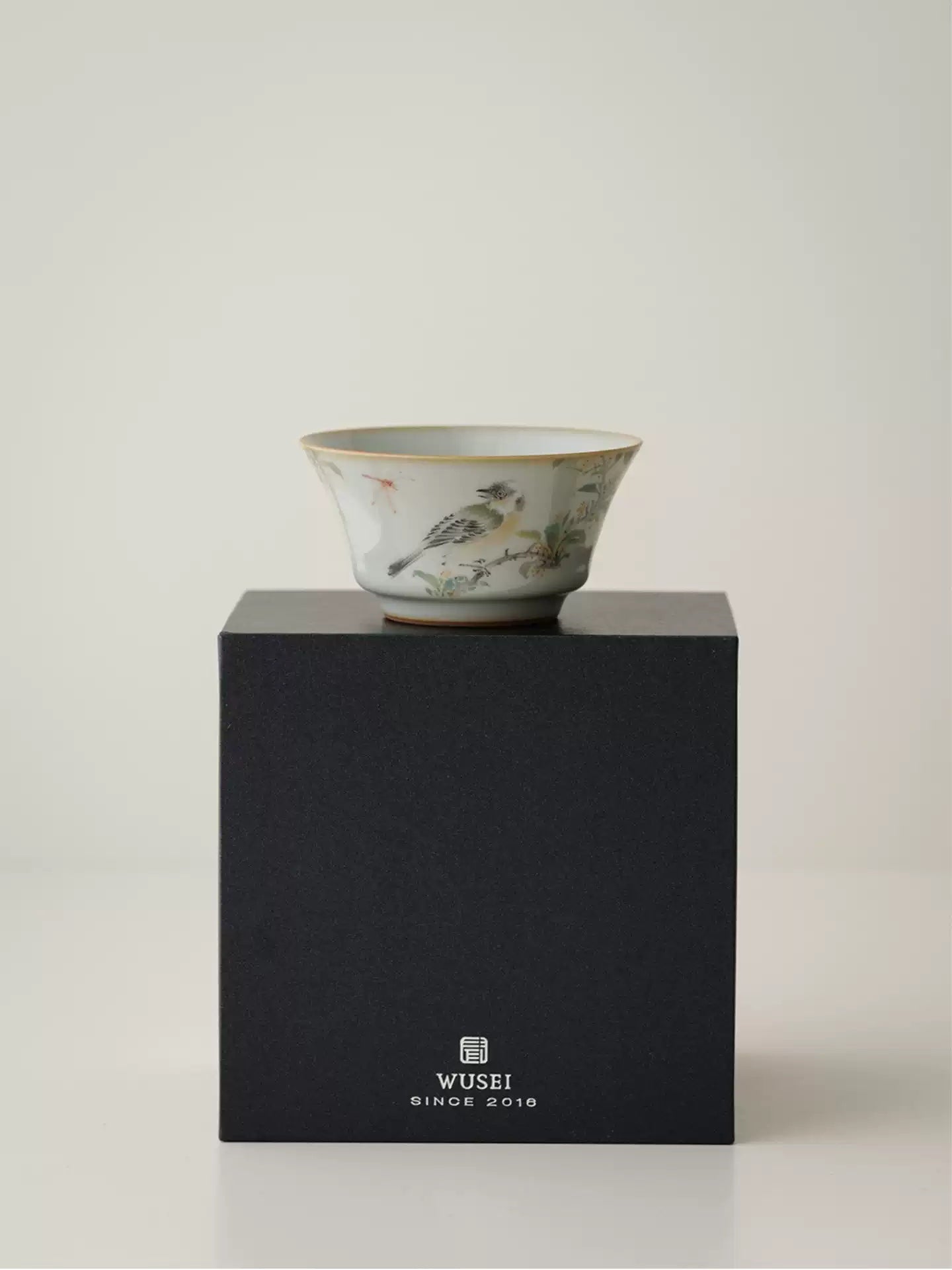 Hand-Painted Ru-Kiln Teacup – Sky Blue with Birds & Blooms
