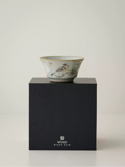 Hand-Painted Ru-Kiln Teacup – Sky Blue with Birds & Blooms