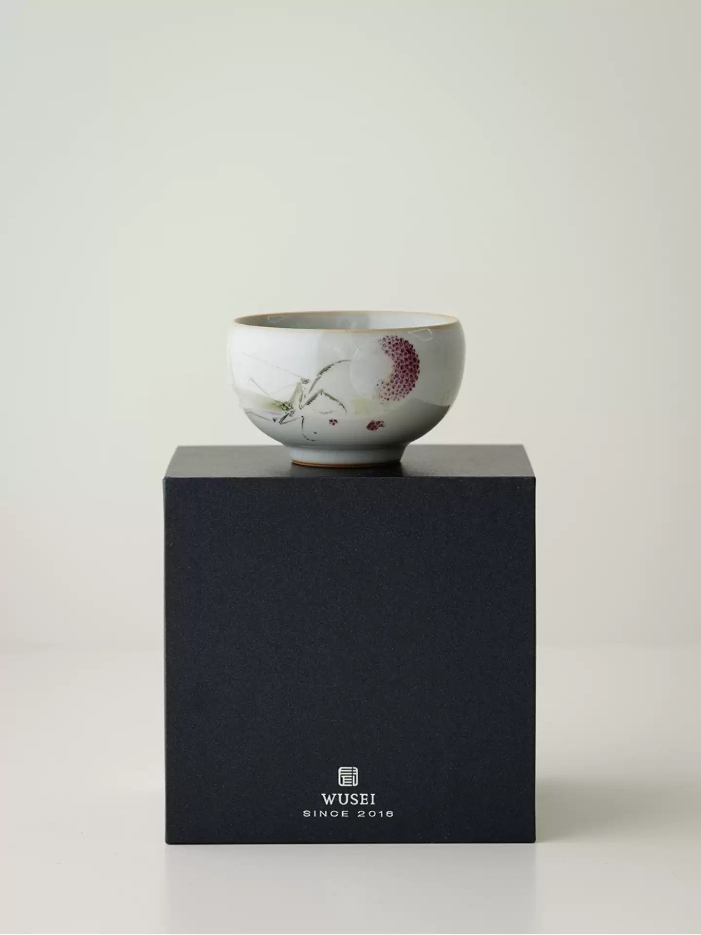 Hand-Painted Sky-Blue Ru Kiln Tea Cup with Lychee & Mantis