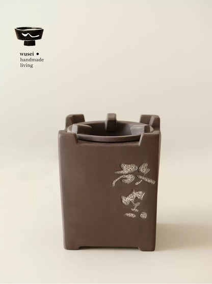 Silver-Accent Clay Charcoal Tea Stove, Vintage Chinese Style