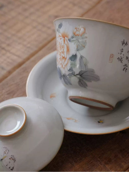 Sky-Blue Ru Gaiwan with Hand-Painted Peonies