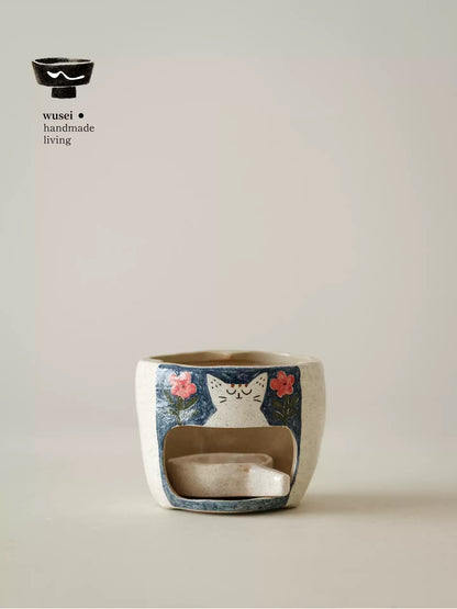 Hand-Painted Cat Stoneware Ramen Bowl with Double Handles