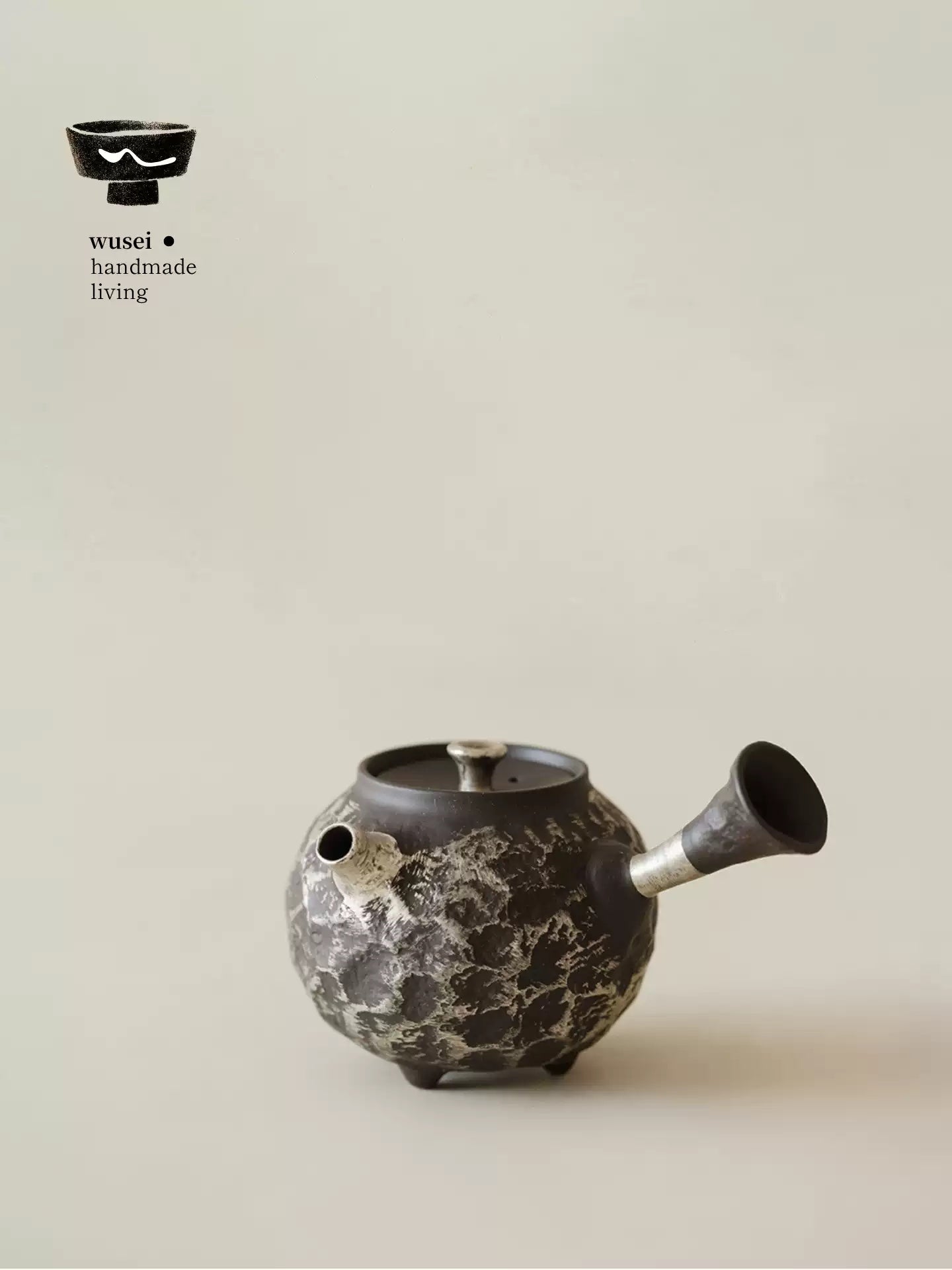 Old Rock Clay Teapot Set with Silver Accents, Wabi-Sabi Japanese Style