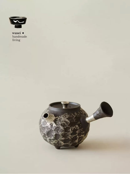 Old Rock Clay Teapot Set with Silver Accents, Wabi-Sabi Japanese Style