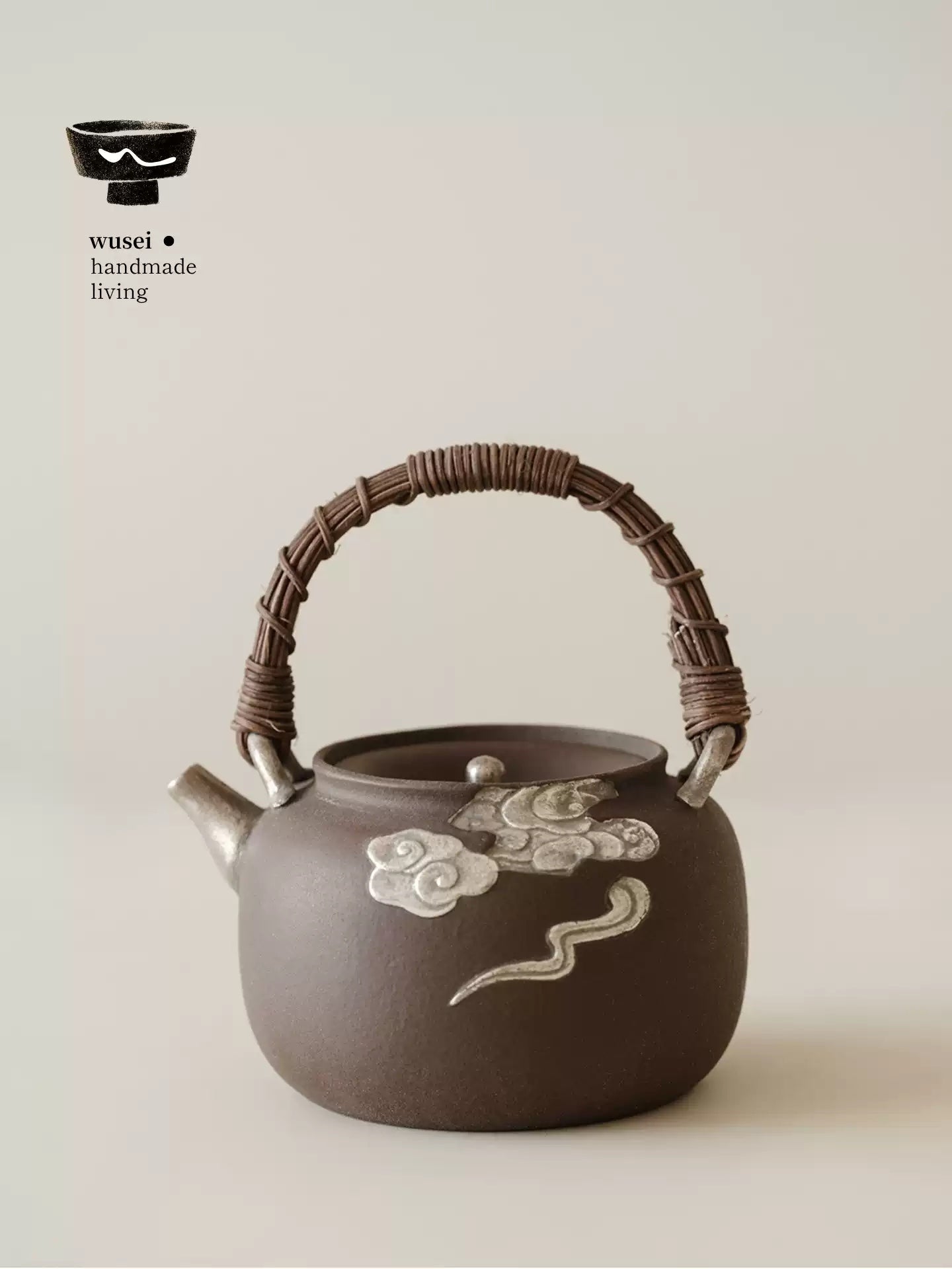 Stoneware Teapot & Charcoal Stove Set with Silver Clouds