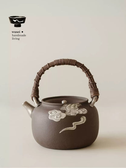 Stoneware Teapot & Charcoal Stove Set with Silver Clouds