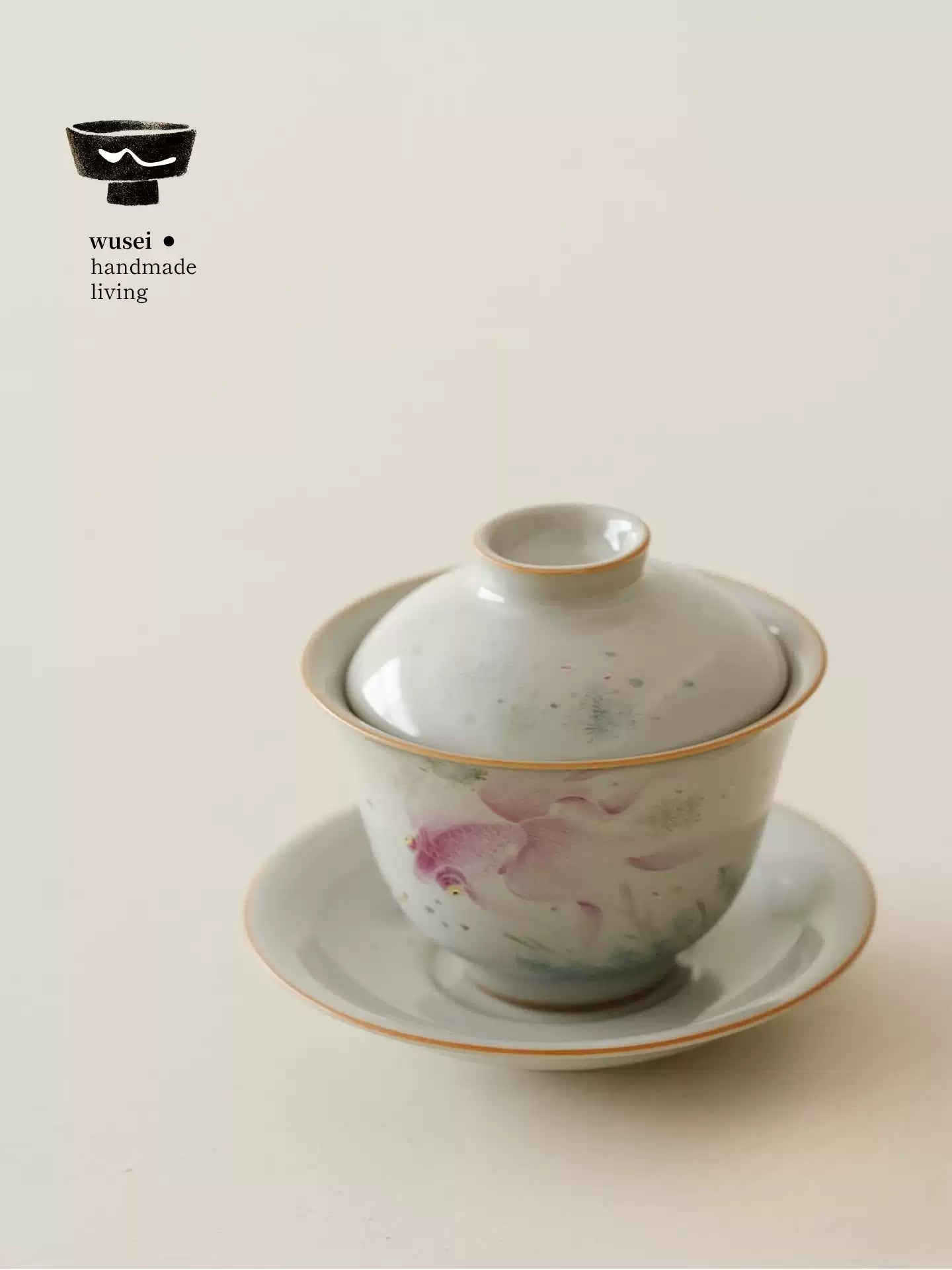 Sky-Blue Ruyao Gaiwan with Hand-Painted Goldfish - Jingdezhen