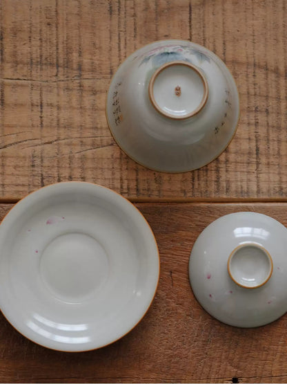 Sky-Blue Ru Kiln Gaiwan, Hand-Painted Red Hibiscus