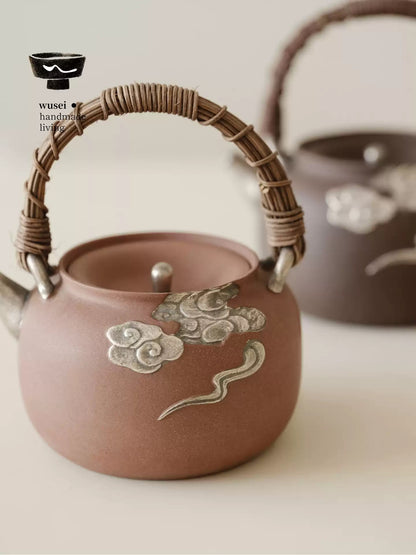 Stoneware Teapot & Charcoal Stove Set with Silver Clouds