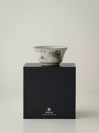 Hand-Painted Ru-Glazed Tea Cup – Sky-Blue Fortune Crab