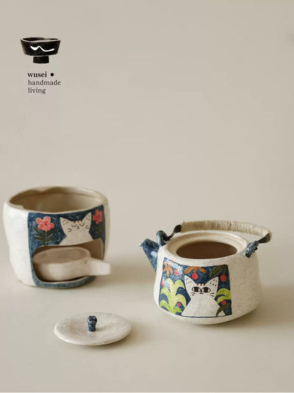Hand-Painted Cat Teapot & Warmer Set, Stoneware