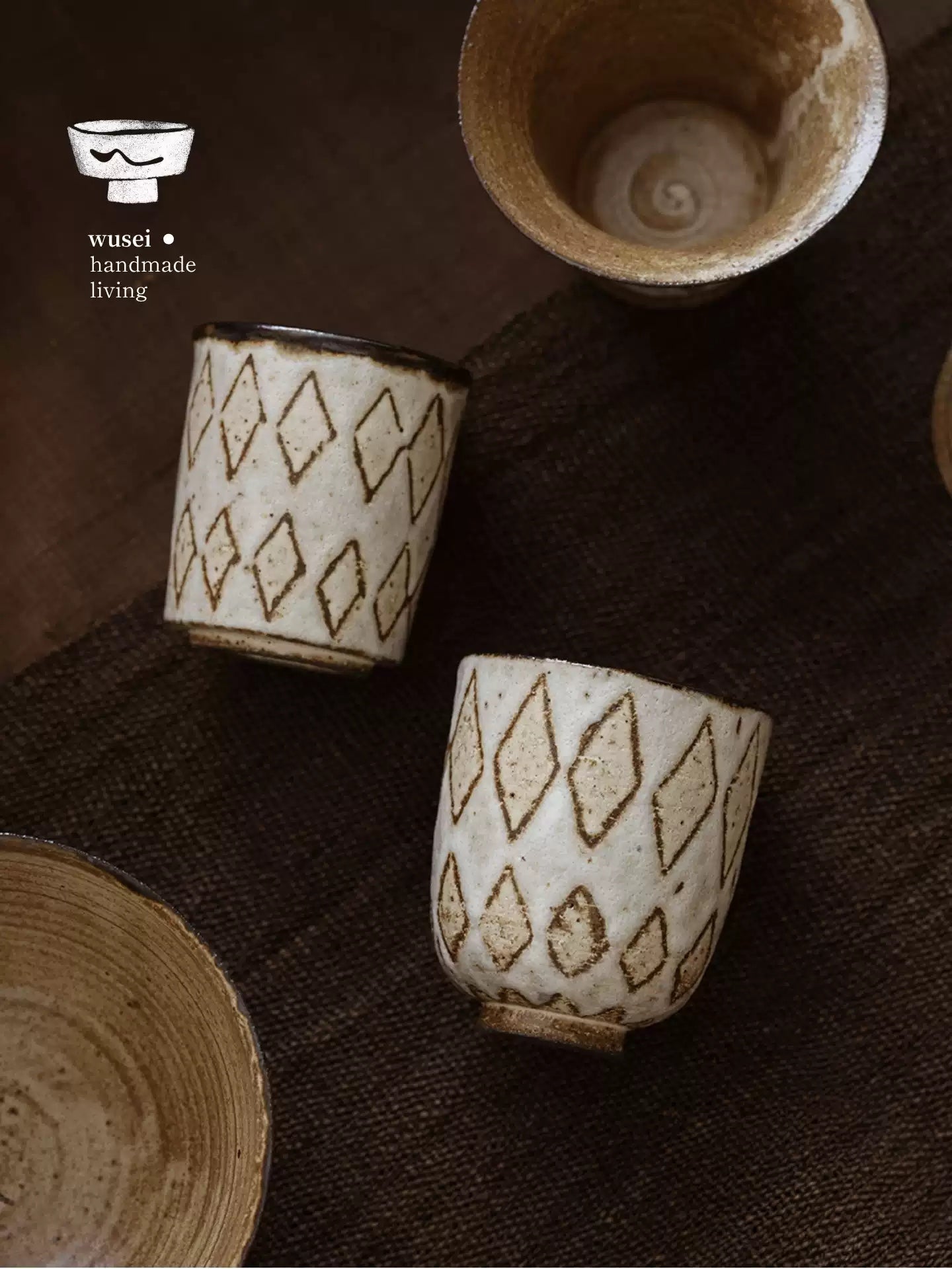 Handmade Wabi-Sabi Stoneware Cup with Diamond Pattern