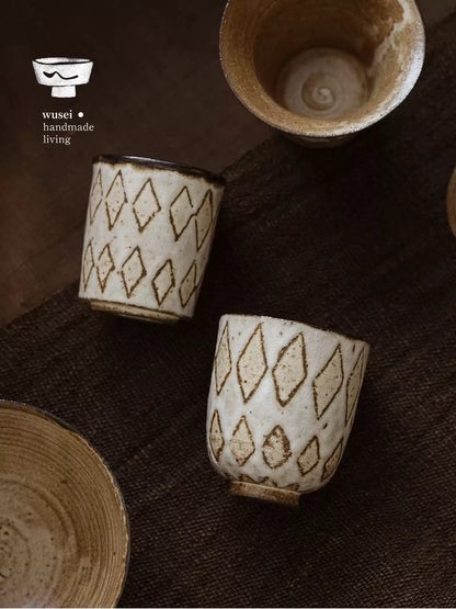Handmade Wabi-Sabi Stoneware Cup with Diamond Pattern