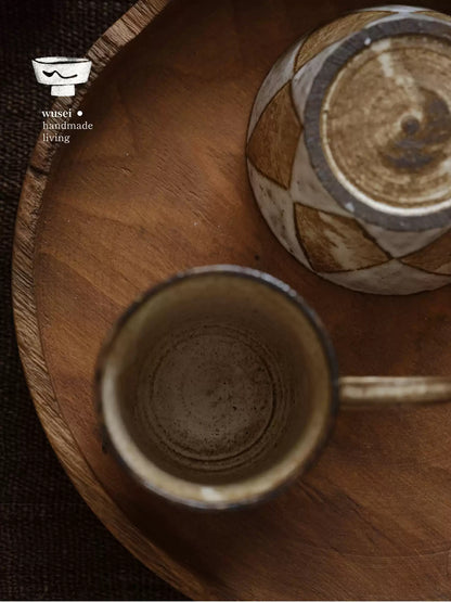 Hand-Thrown Slip-Glazed Stoneware Mug with Diamond Motif