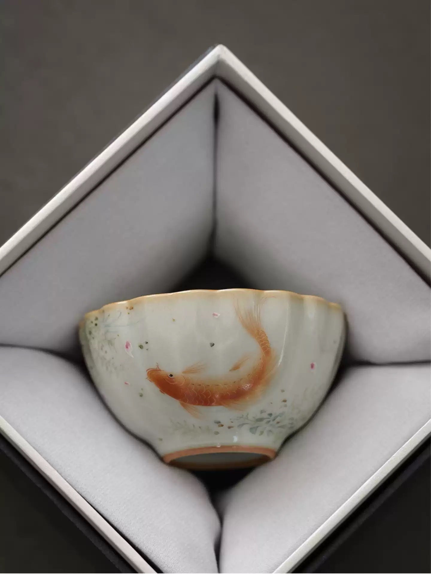 Sky-Blue Ru Ware Tea Cup, Hand-Painted Fish Motif