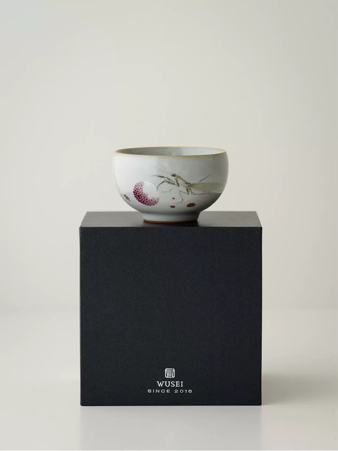 Hand-Painted Sky-Blue Ru Kiln Tea Cup with Lychee & Mantis