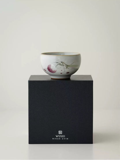 Hand-Painted Sky-Blue Ru Kiln Tea Cup with Lychee & Mantis