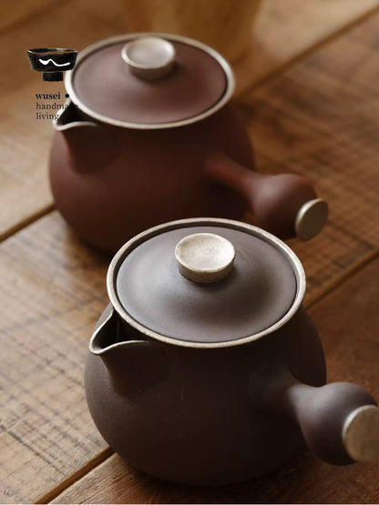 Silver-Coated Cloud Handle Teapot & Charcoal Stove Set, Old Rock Clay