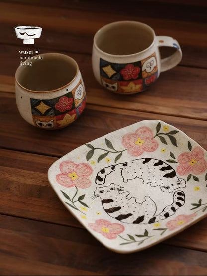 Vintage Hand-Painted Ceramic Cat & Floral Square Tray