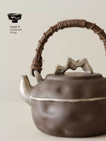 Rustic Clay Teapot & Charcoal Stove Set with Silver Wash