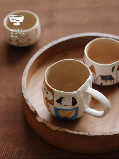Hand-Painted Animal Mug - Colorful Plaid Stoneware
