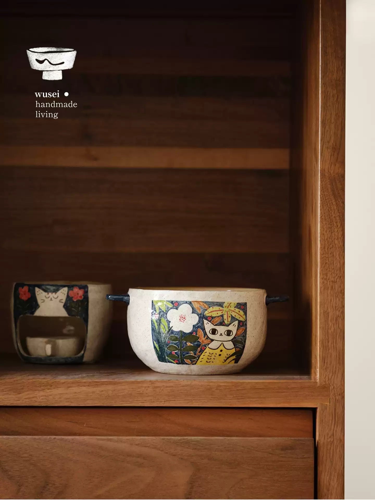 Hand-Painted Cat Stoneware Ramen Bowl with Double Handles