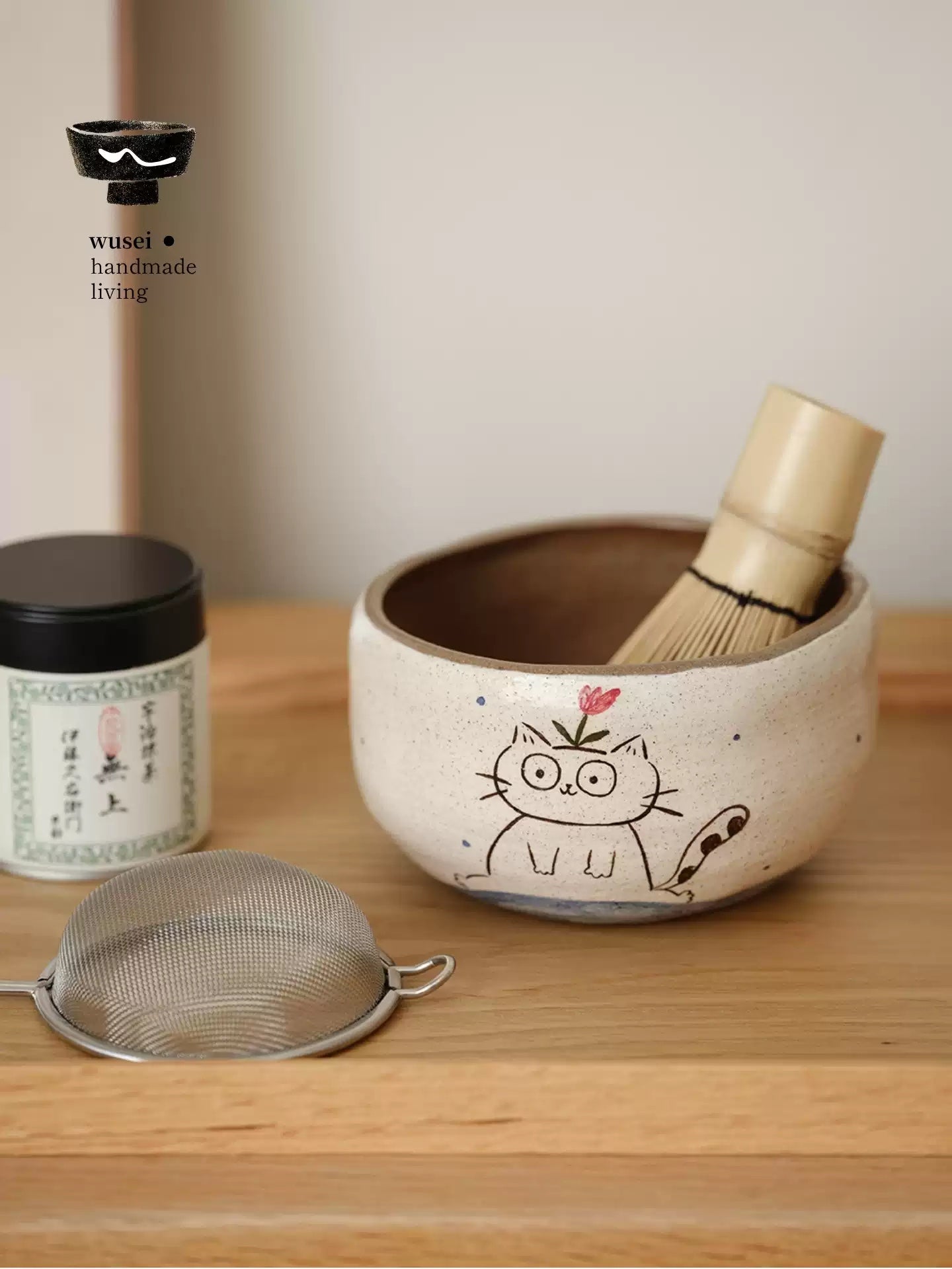 Hand-Painted Ceramic Cat Bowl for Rice, Noodles & Matcha