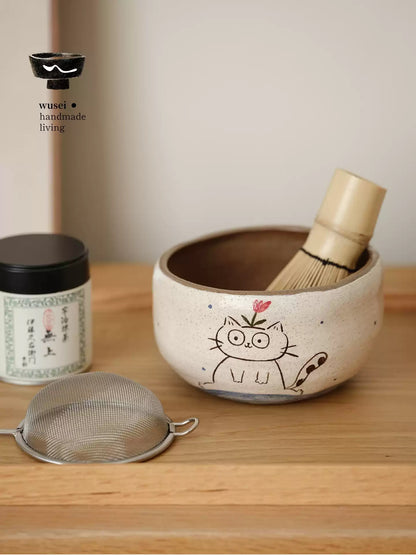 Hand-Painted Ceramic Cat Bowl for Rice, Noodles & Matcha