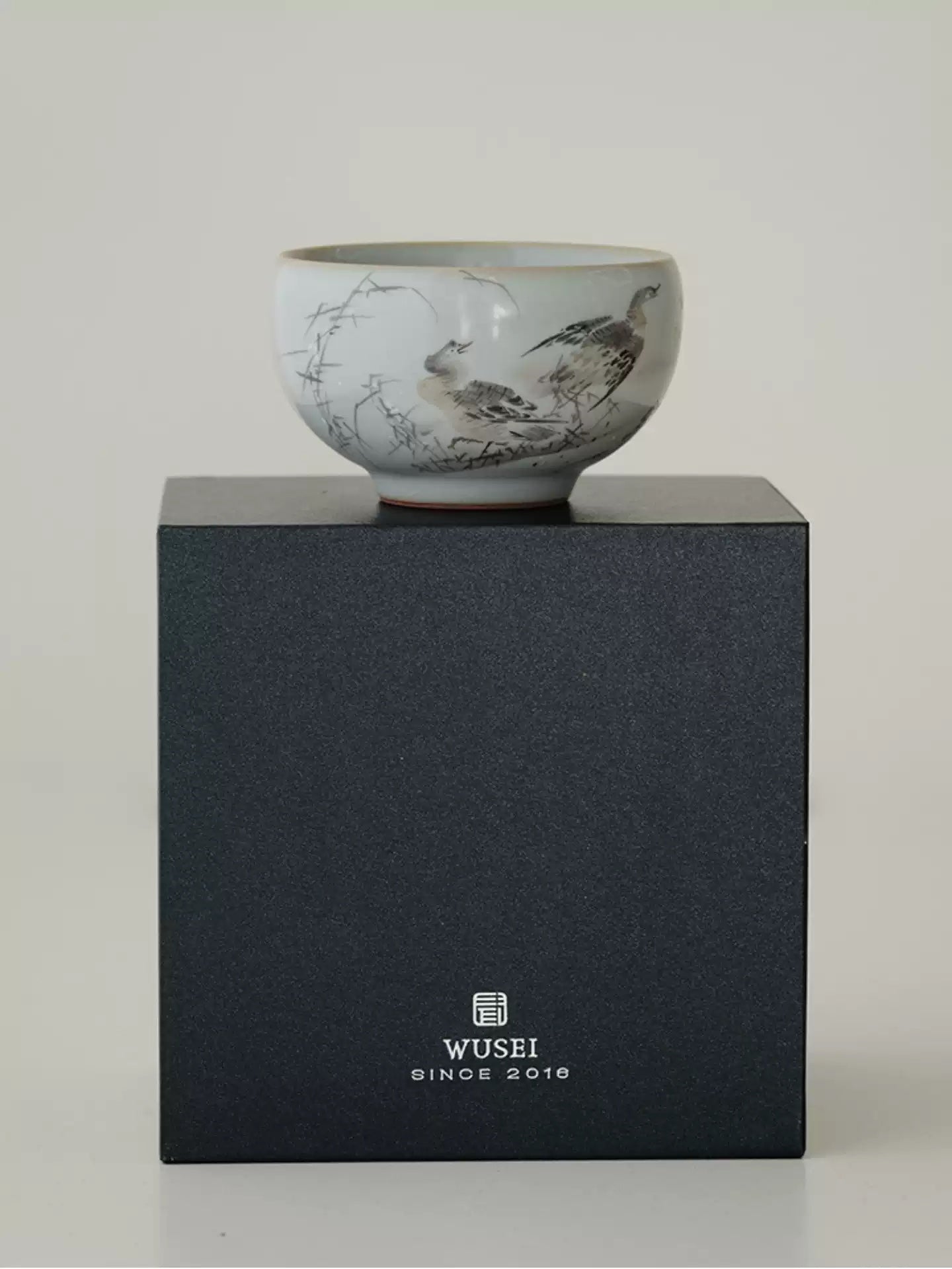 Hand-Painted Sky-Blue Ru Glaze Tea Cup – Snowy Geese