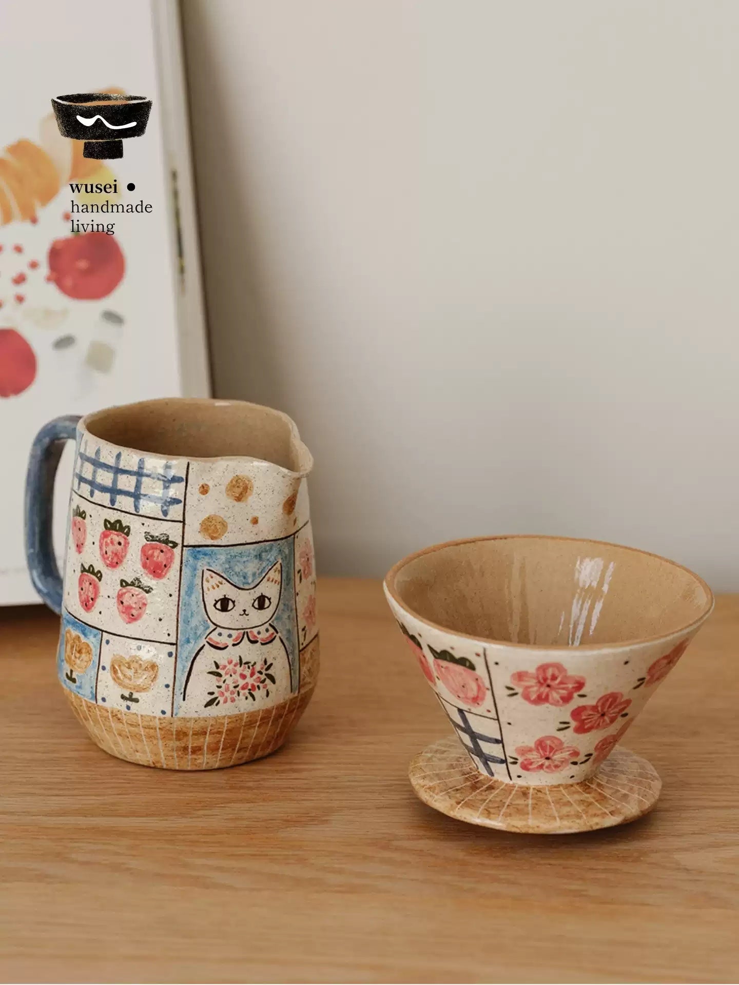 Retro Hand-Painted Ceramic Pour-Over Coffee Set in Oatmeal