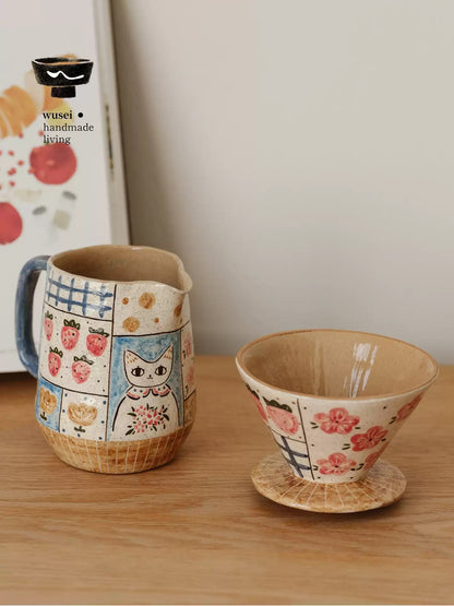 Retro Hand-Painted Ceramic Pour-Over Coffee Set in Oatmeal