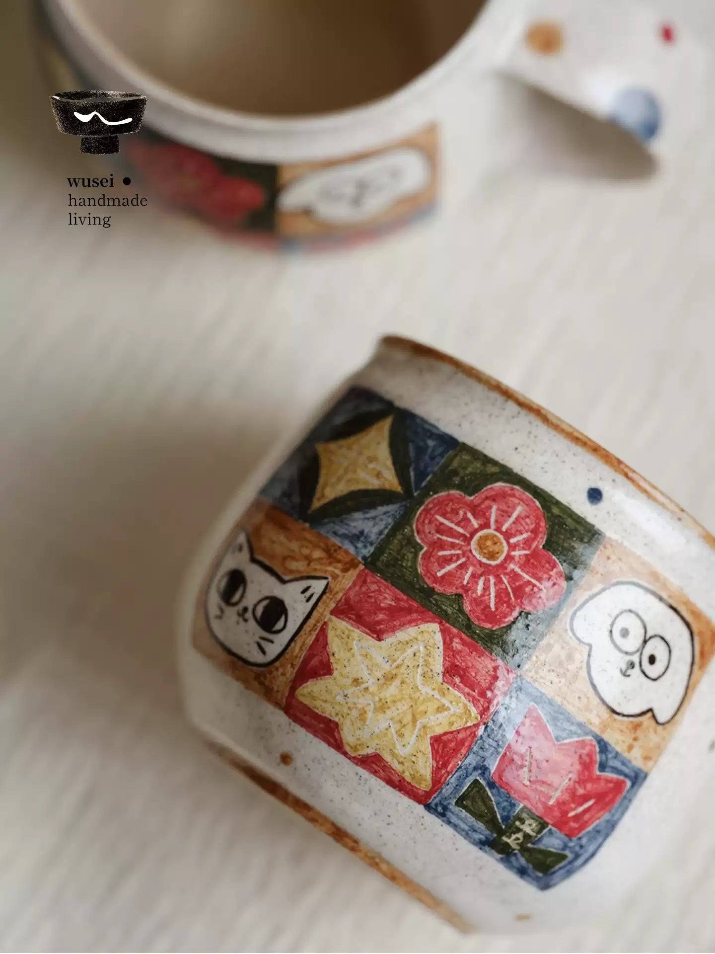Checkered Ceramic Mug with Hand-Painted Cats
