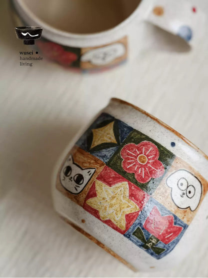 Checkered Ceramic Mug with Hand-Painted Cats