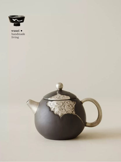 Old Rock Clay Teapot Set with Silver Accents, Wabi-Sabi Japanese Style
