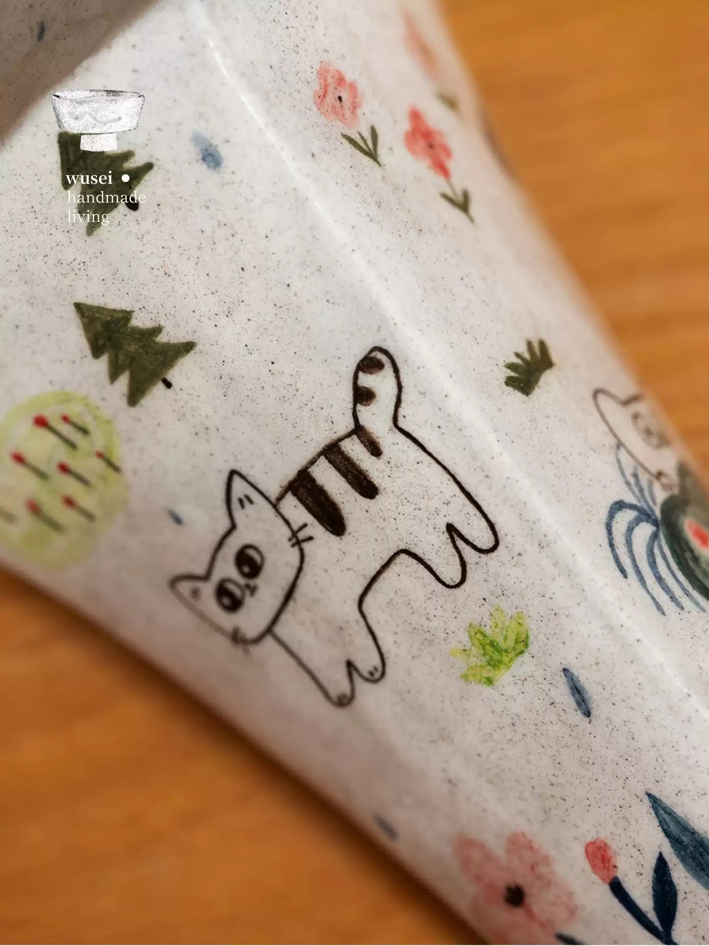 Hand-Painted Ceramic Triangle Vase with Storybook Cat Scene