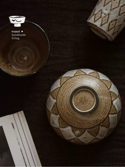 Handmade Stoneware Bowl, Diamond Pattern, Rustic Glaze