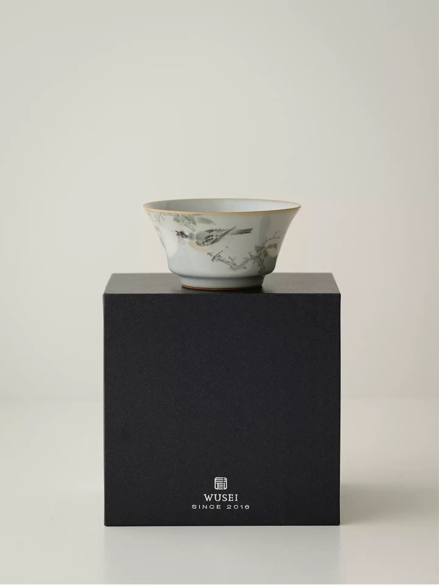 Hand-Painted Ru-Kiln Teacup – Sky Blue with Birds & Blooms