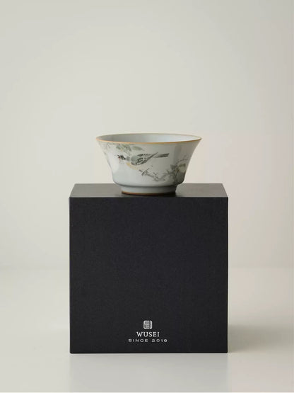 Hand-Painted Ru-Kiln Teacup – Sky Blue with Birds & Blooms